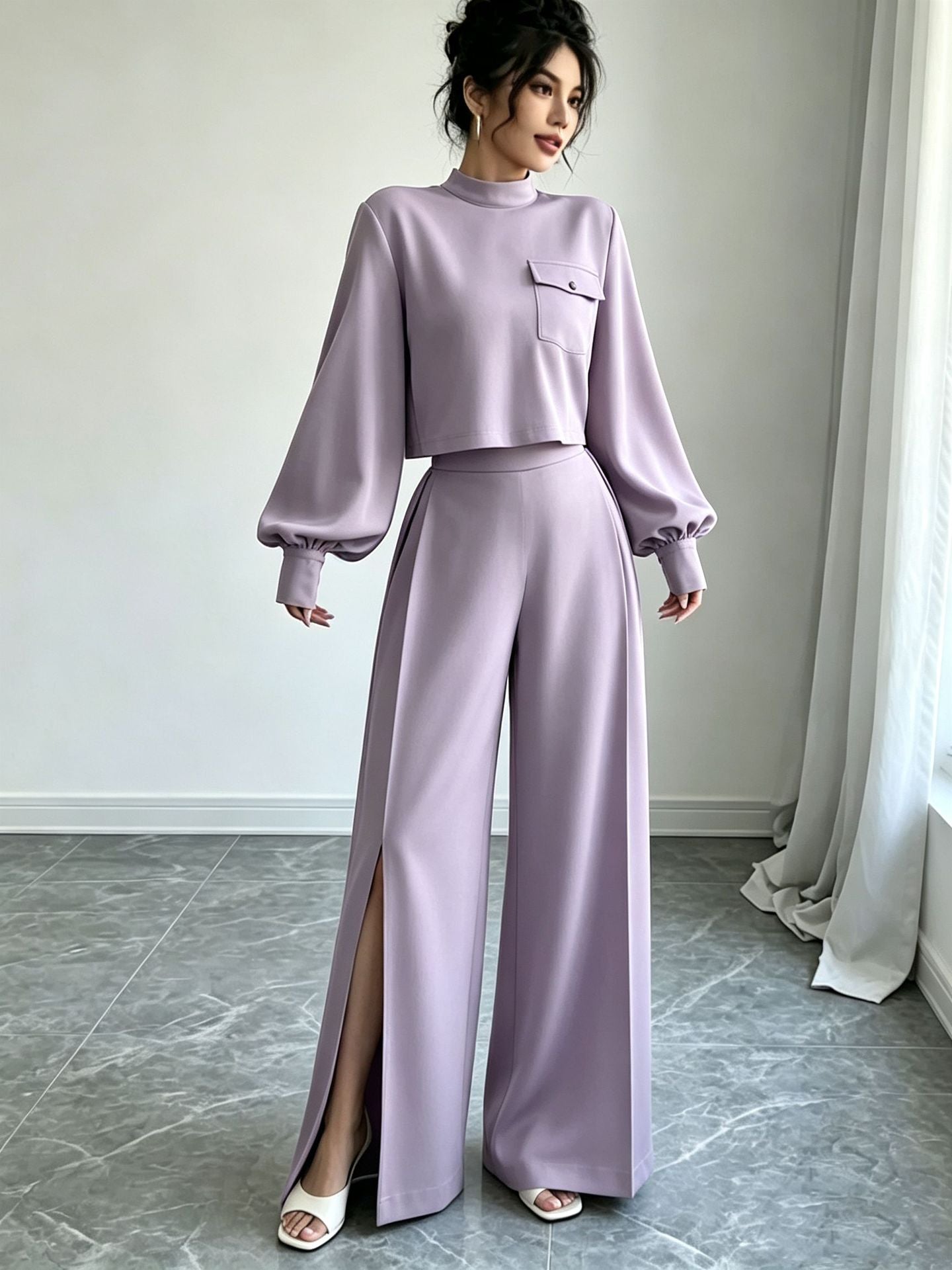 Solid color wide leg pants set for women