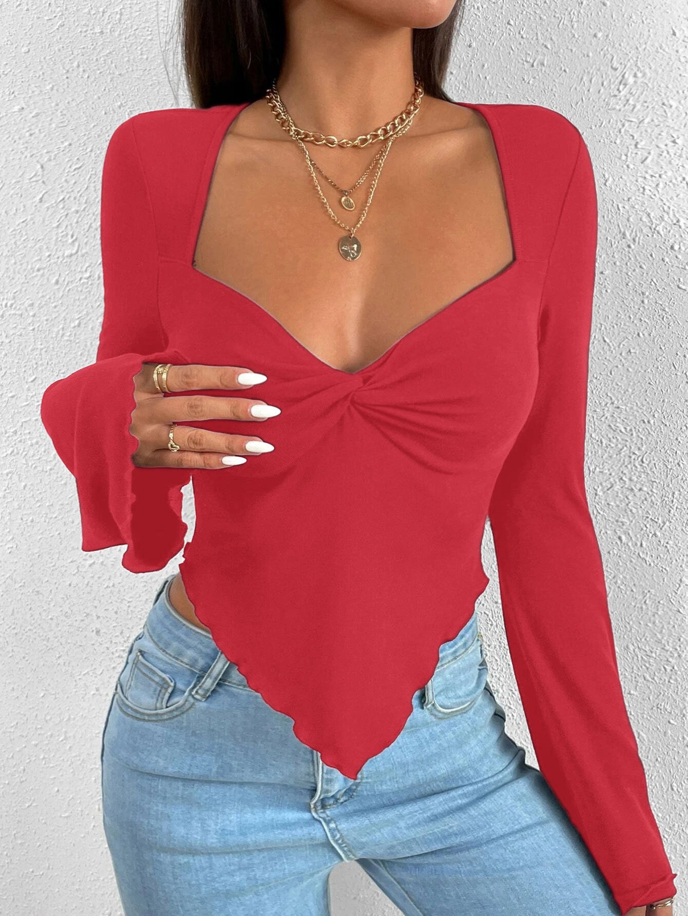 Ladies' elegant style T-shirt for spring and summer new style, slim fit short cut with slanted collar, solid color top