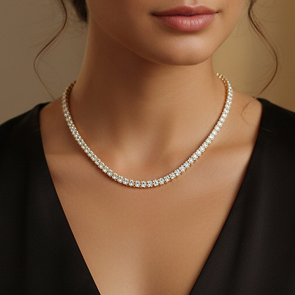 Copper Plated 18K Gold Zirconia Tennis Necklace Fashion Trendy Style Neck Chain