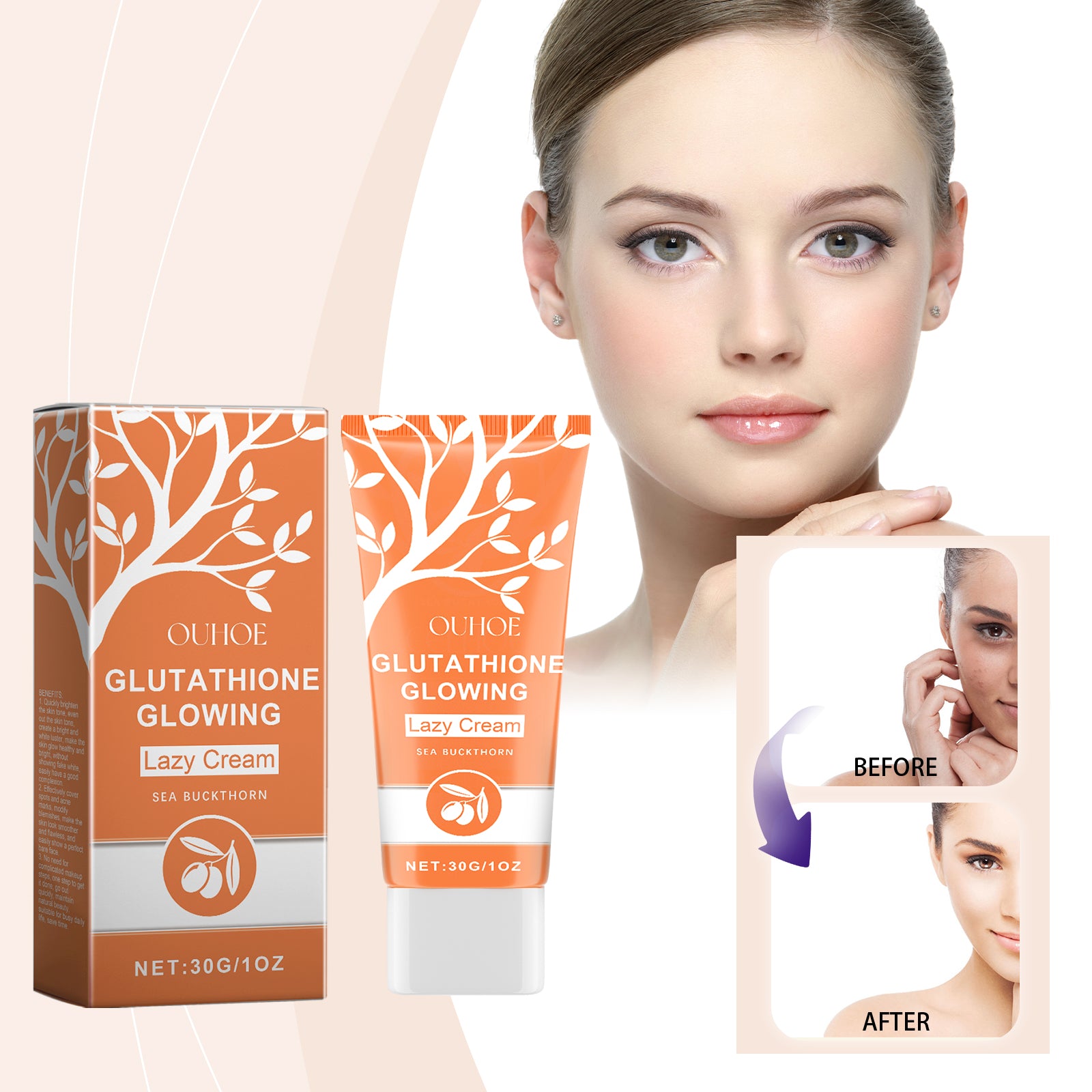 OUHOE Glutathione Glowing Lazy Cream, Fade Fine Lines Moisturizing And Brightening Concealer Long-Lasting Natural No Fake White Slacker Cream